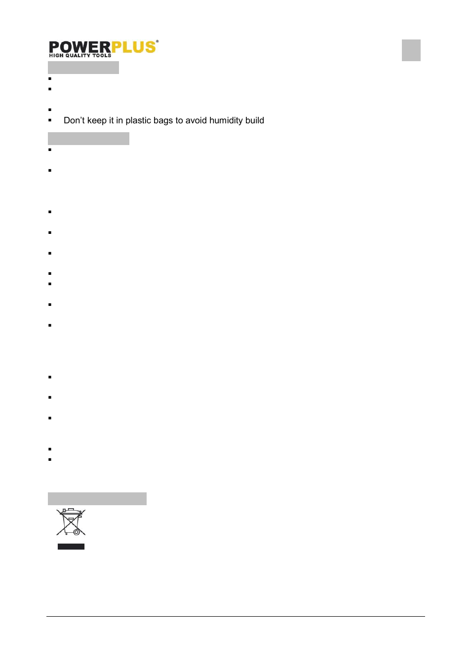 Storage, Warranty, Environment | Powerplus POWX091 ROUTER 1200W+12 ROUTER BITS EN User Manual | Page 7 / 8