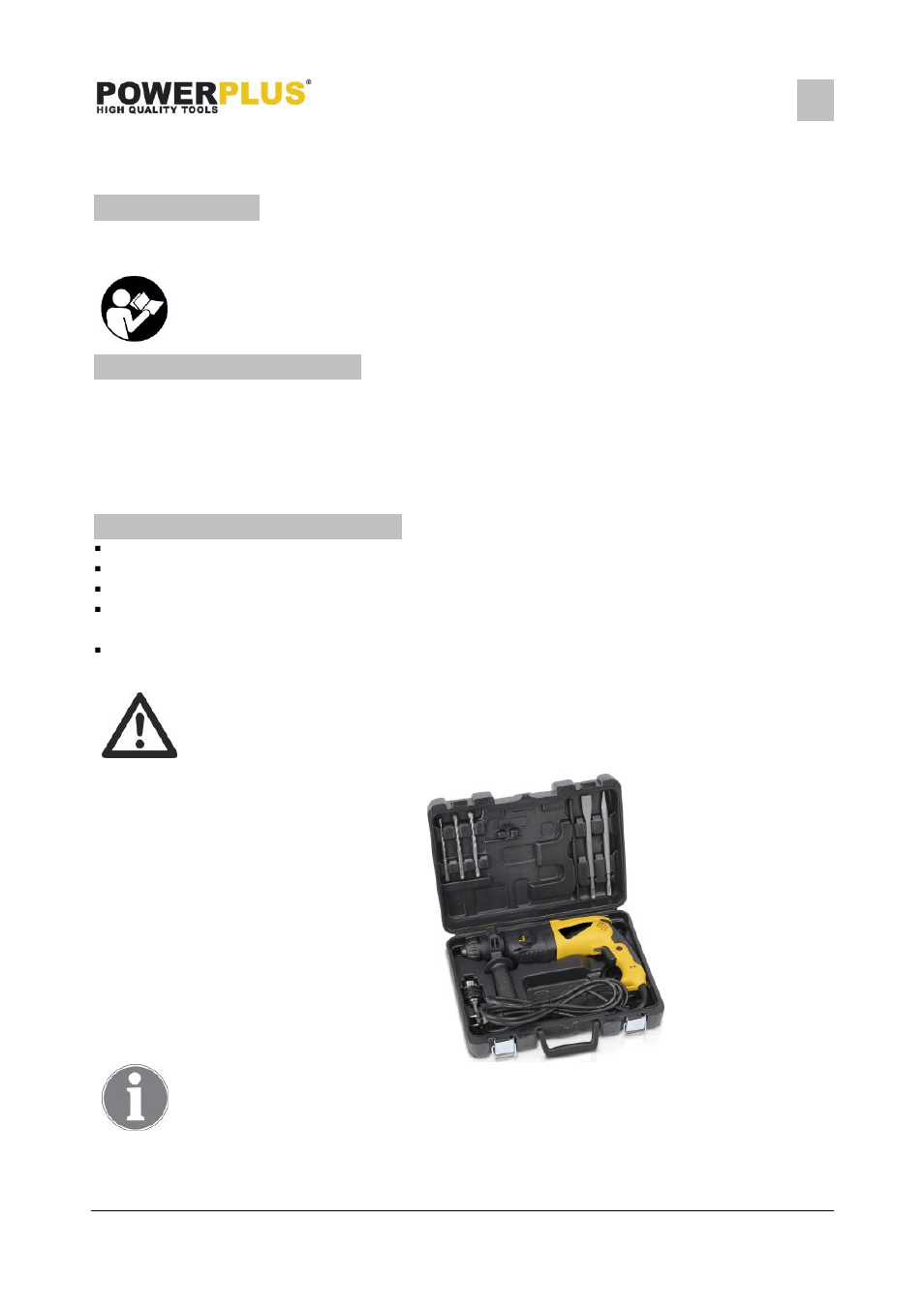 Aplication, Description (fig. a), Package content list | Powerplus POWX112 HAMMER DRILL 1050W EN User Manual | Page 2 / 9