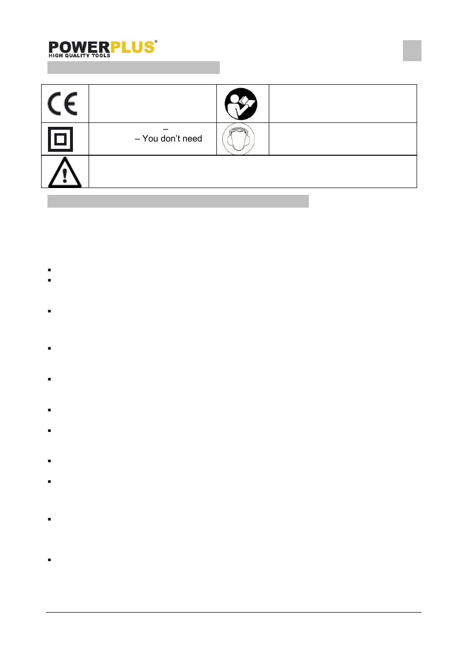 Explanation of symbols, General power tool safety warnings, Work area | Electrical safety, Personal safety, Powx112, 4 explanation of symbols, 5 general power tool safety warnings | Powerplus POWX112 HAMMER DRILL 1050W EN User Manual | Page 3 / 9