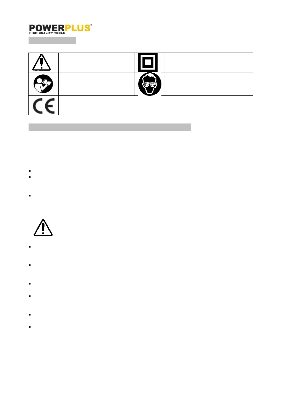 Symbols, General power tool safety warnings, Work area | Electrical safety | Powerplus POWX1365 MINI CIRCULAR SAW 600W 85MM + MITRE GUIDE EN User Manual | Page 4 / 12