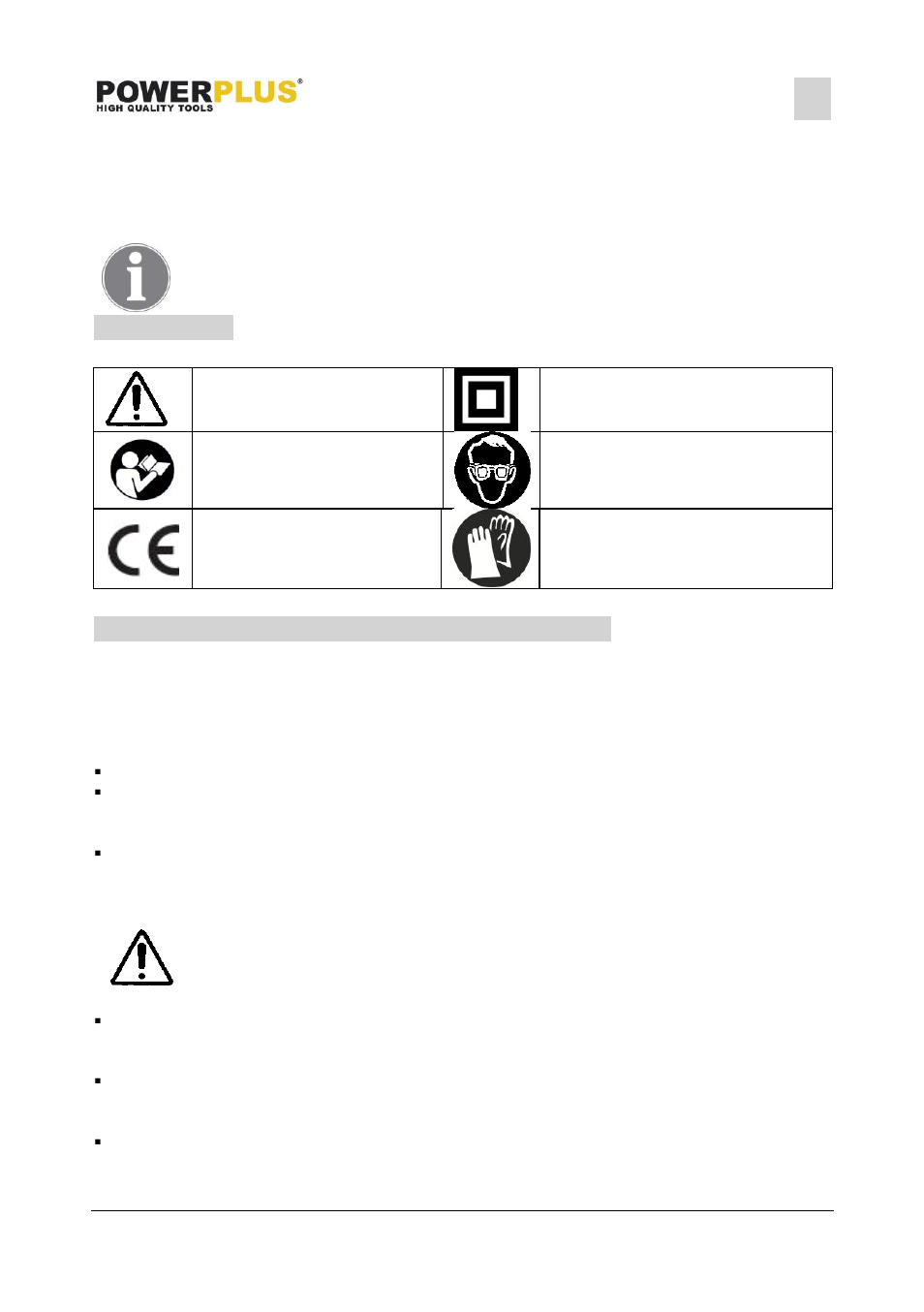 Symbols, General power tool safety warnings, Work area | Electrical safety | Powerplus POWX1365MB MINI CIRCULAR SAW 600W 85MM + MITRE GUIDE EN User Manual | Page 4 / 14