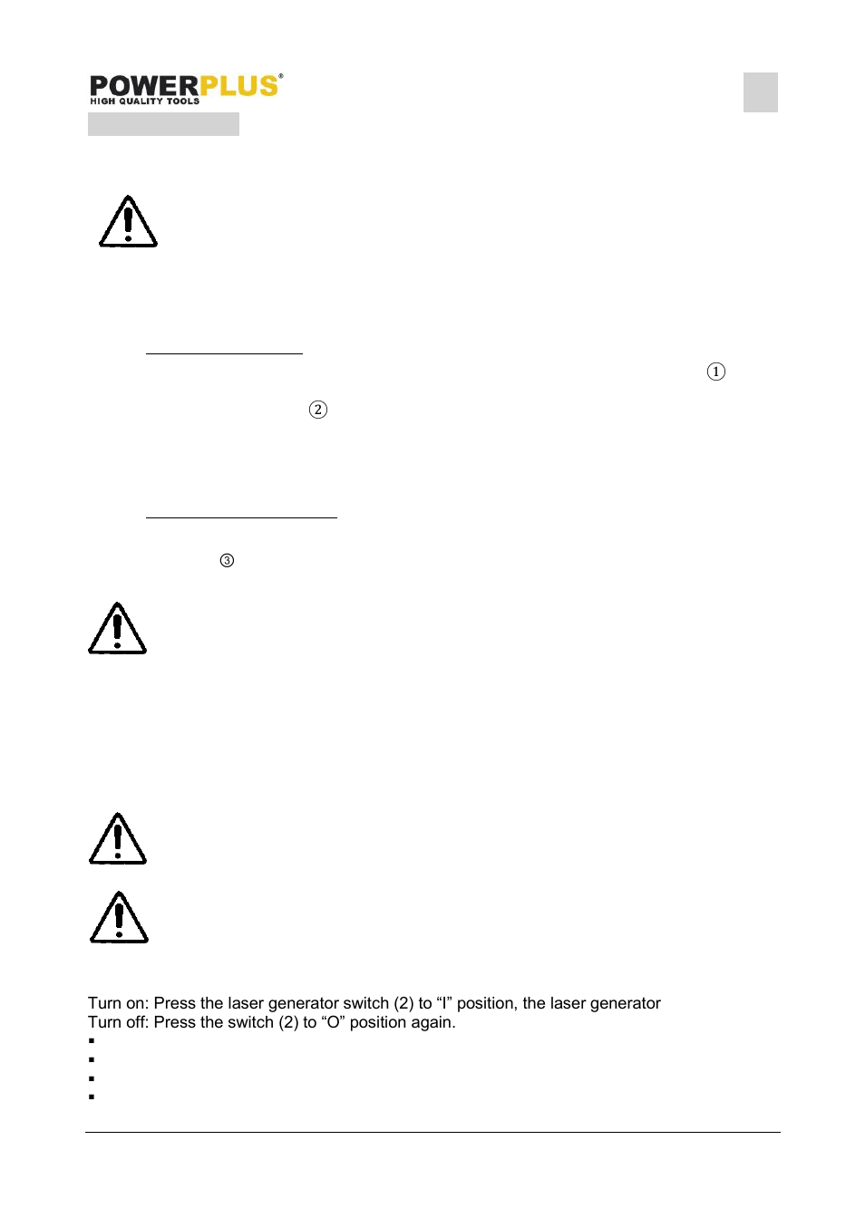 Operation, Holding and switching on/off, Switching on the tool | Releasing the plunge stop, Setting the guide fence, Laser line generator | Powerplus POWX1365MB MINI CIRCULAR SAW 600W 85MM + MITRE GUIDE EN User Manual | Page 7 / 14
