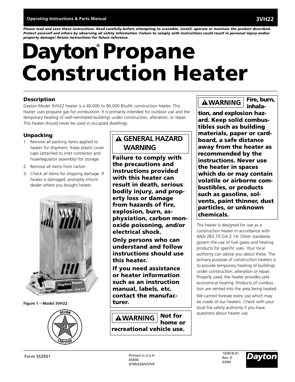 Dayton 3VH22 User Manual | 10 pages