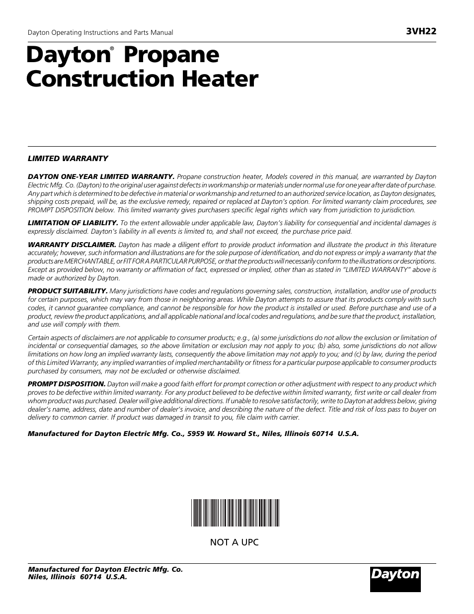 Dayton propane construction heater, 3vh22, Not a upc | Dayton 3VH22 User Manual | Page 10 / 10