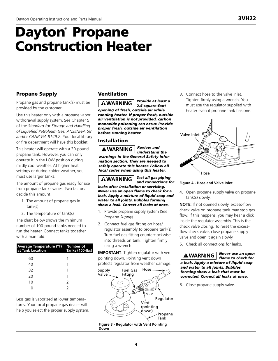 Dayton propane construction heater, 3vh22, Propane supply | Ventilation, Installation | Dayton 3VH22 User Manual | Page 4 / 10