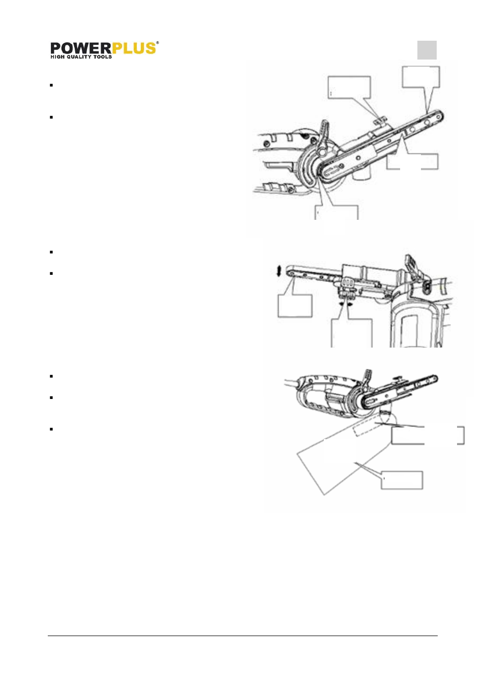 Installation and removal of belt, Belt adjustment path, Connect the dust bag | Powerplus POWX139 FILE / BELT SANDER 400W EN User Manual | Page 7 / 12