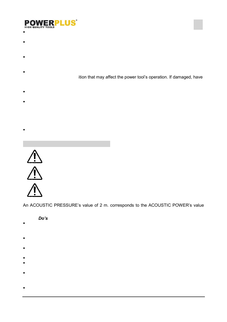 Service, Specific safety warnings, Do’s | Powx1705, 5 specific safety warnings | Powerplus POWX1705 COMPRESSOR 1100W OIL FREE +ACC EN User Manual | Page 4 / 9