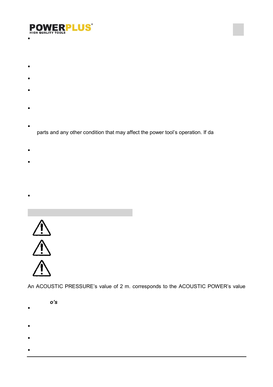 Power tool use and care, Service, Specific safety warnings | Do’s, Powx1721, 6 specific safety warnings | Powerplus POWX1721 COMPRESSOR 1100W 6L NO OIL 1,5HP EN User Manual | Page 4 / 8