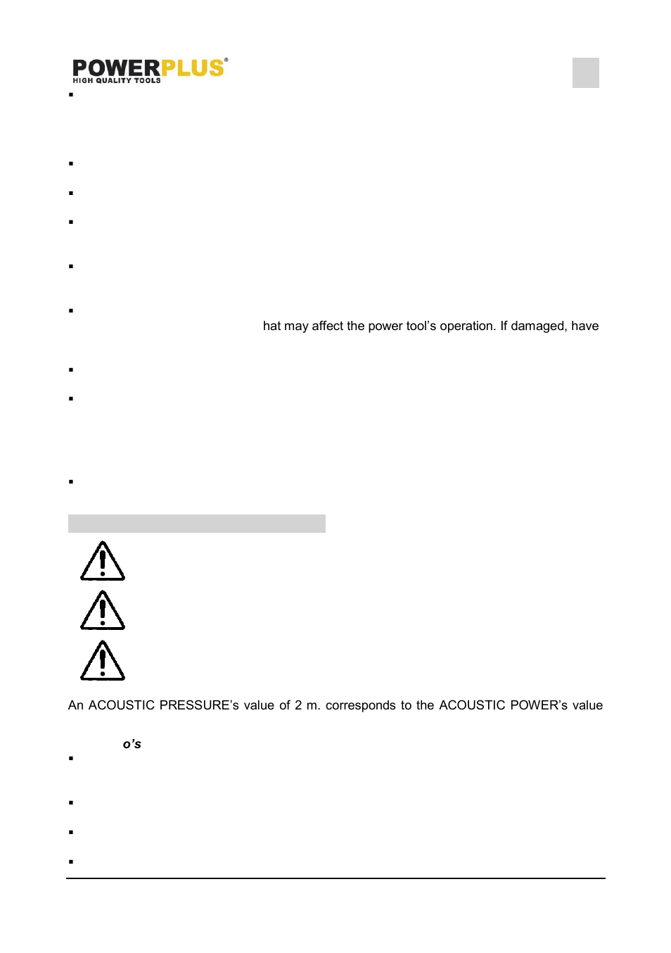 Power tool use and care, Service, Specific safety warnings | Do’s, Powx1723, 6 specific safety warnings | Powerplus POWX1723 COMPRESSOR 1100W 12L NO OIL 1,5HP EN User Manual | Page 4 / 8