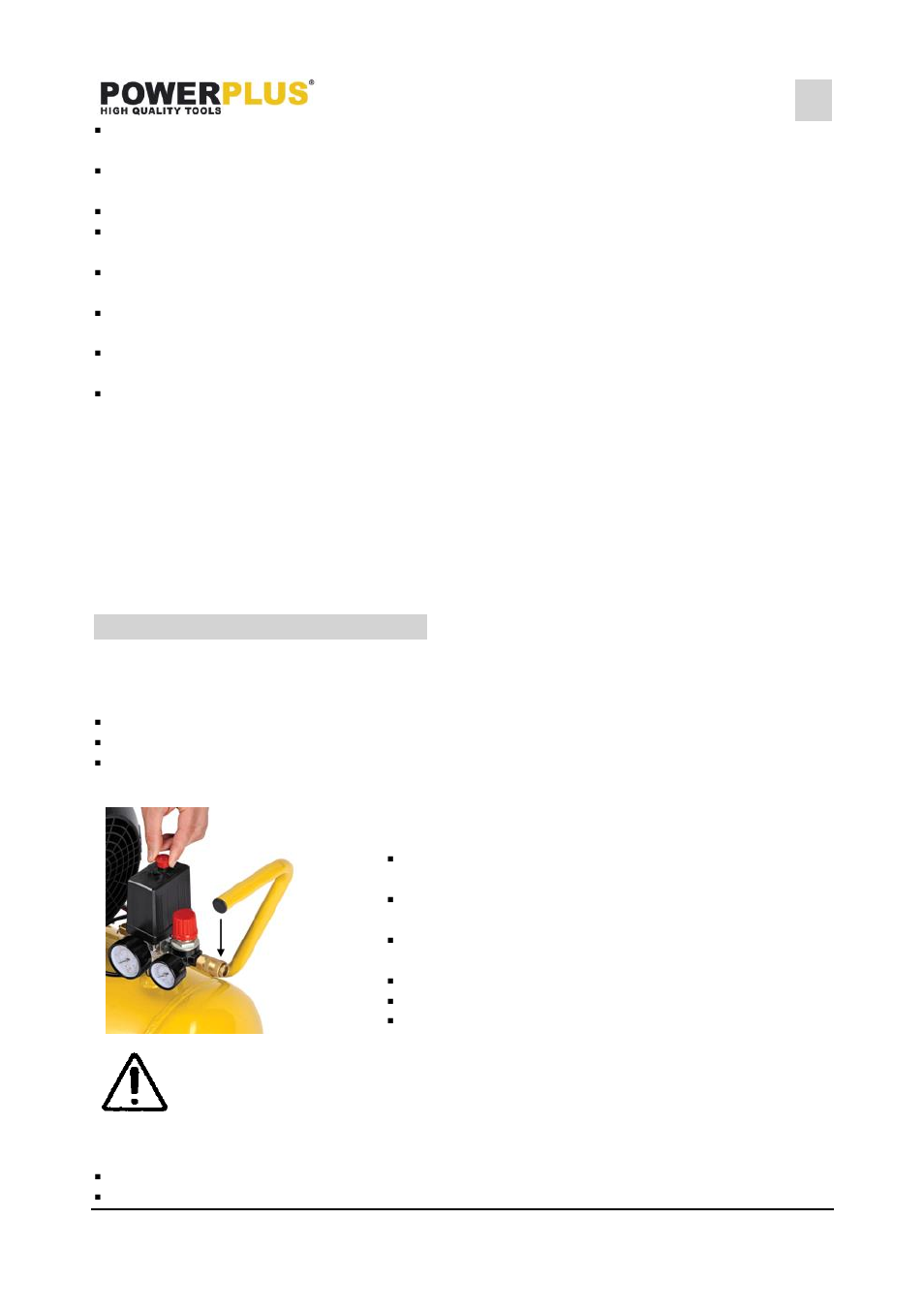 Extension cords, Operating instructions, Instructions before use | Connecting and removing the air hose, Setting the operating pressure | Powerplus POWX1770 COMPRESSOR 2200W 50L LUBRICATED EN User Manual | Page 6 / 11