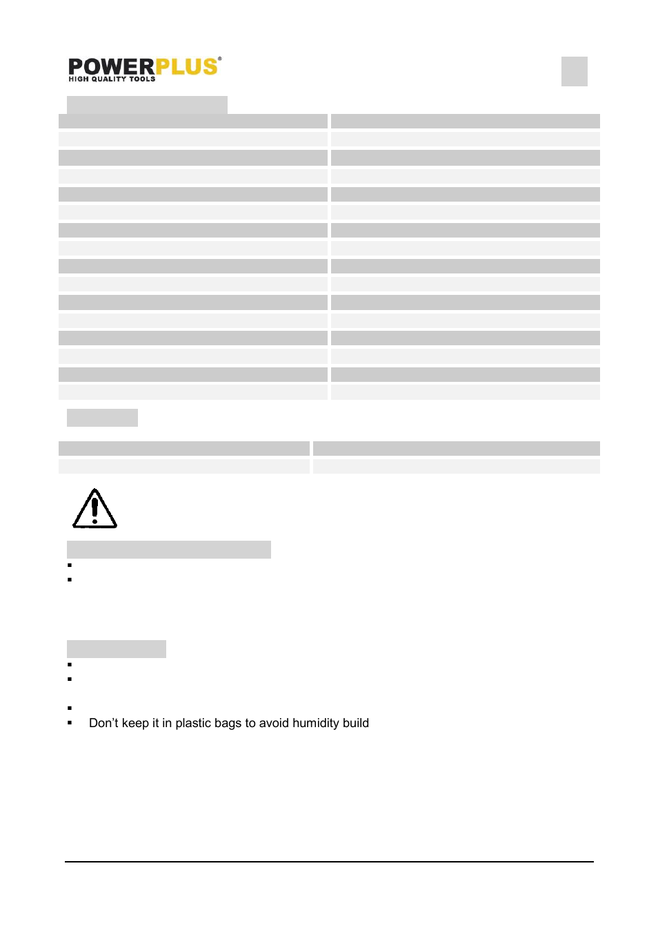 Technical data, Noise, Service department | Storage, Powx204, 11 technical data, 12 noise, 13 service department, 14 storage | Powerplus POWX204 PLANER 1500W 204MM EN User Manual | Page 11 / 13