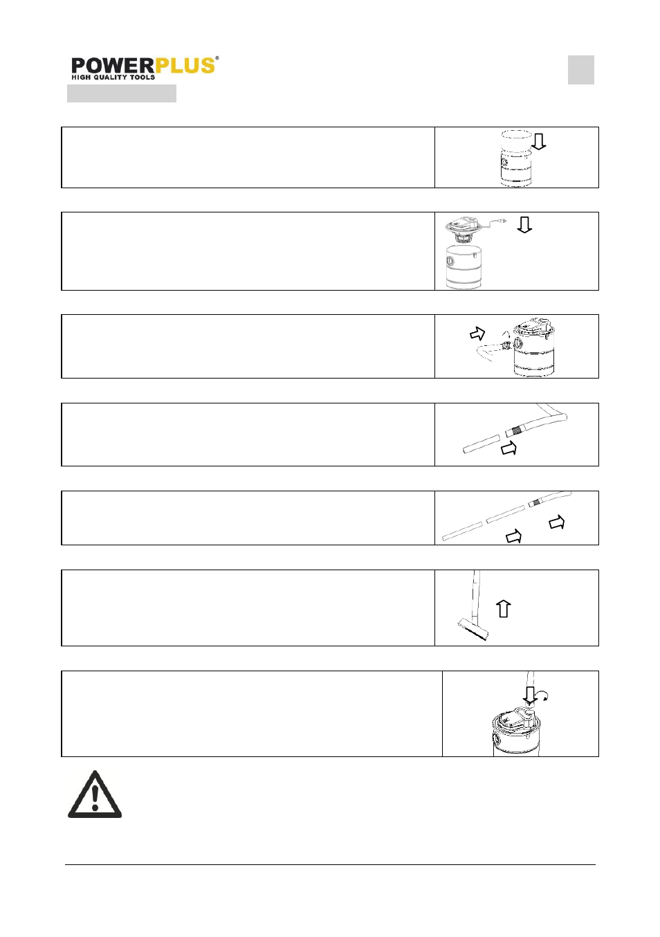 Assembly, Filter bag, Container | Flexible hose, Aluminum nozzle, Plastic tube powx308, Brush powx308, Air-blowing function | Powerplus POWX305 ASH CLEANER 1000W 20L EN User Manual | Page 5 / 9