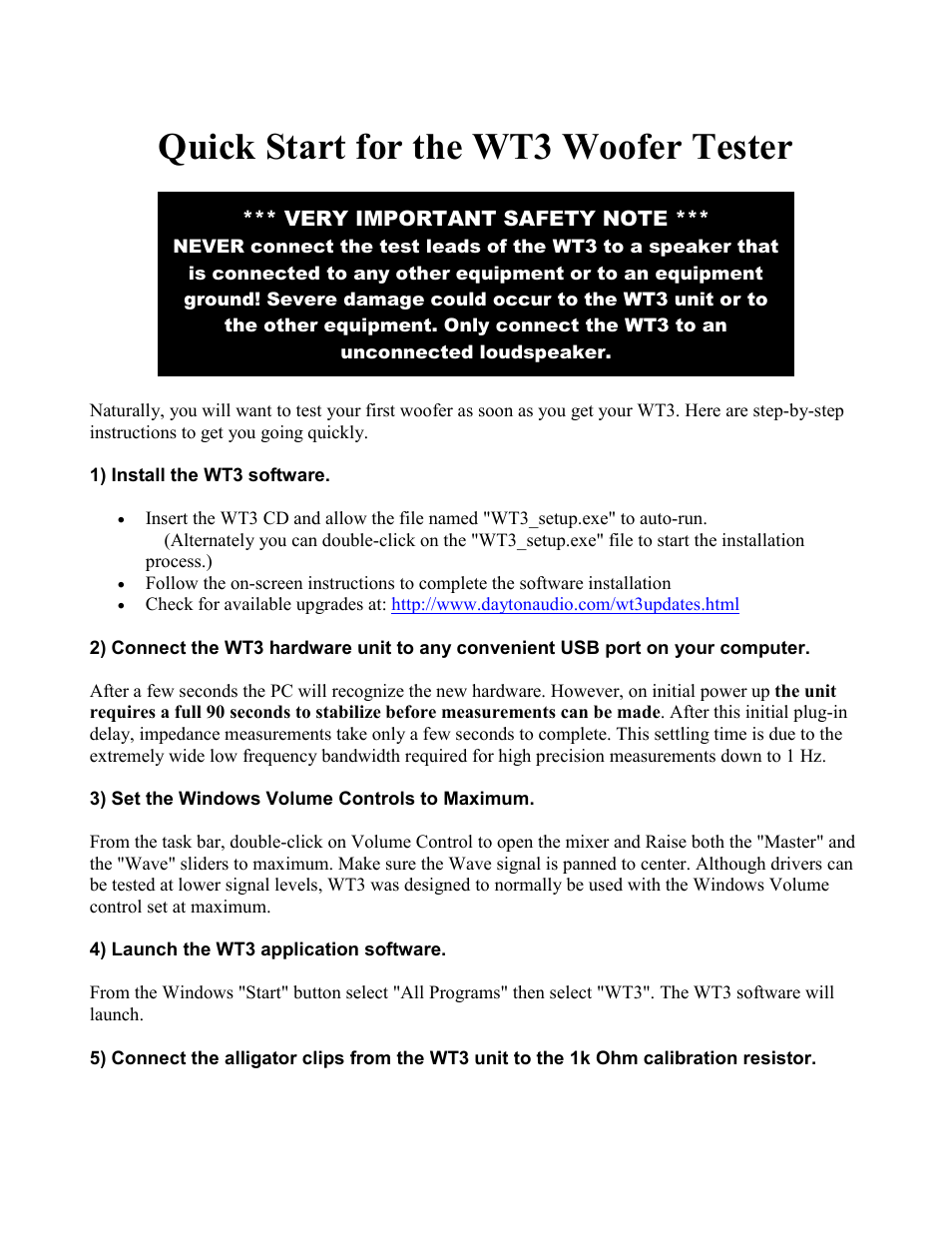 Quick start for the wt3 woofer tester | Dayton WT3 User Manual | Page 3 / 48