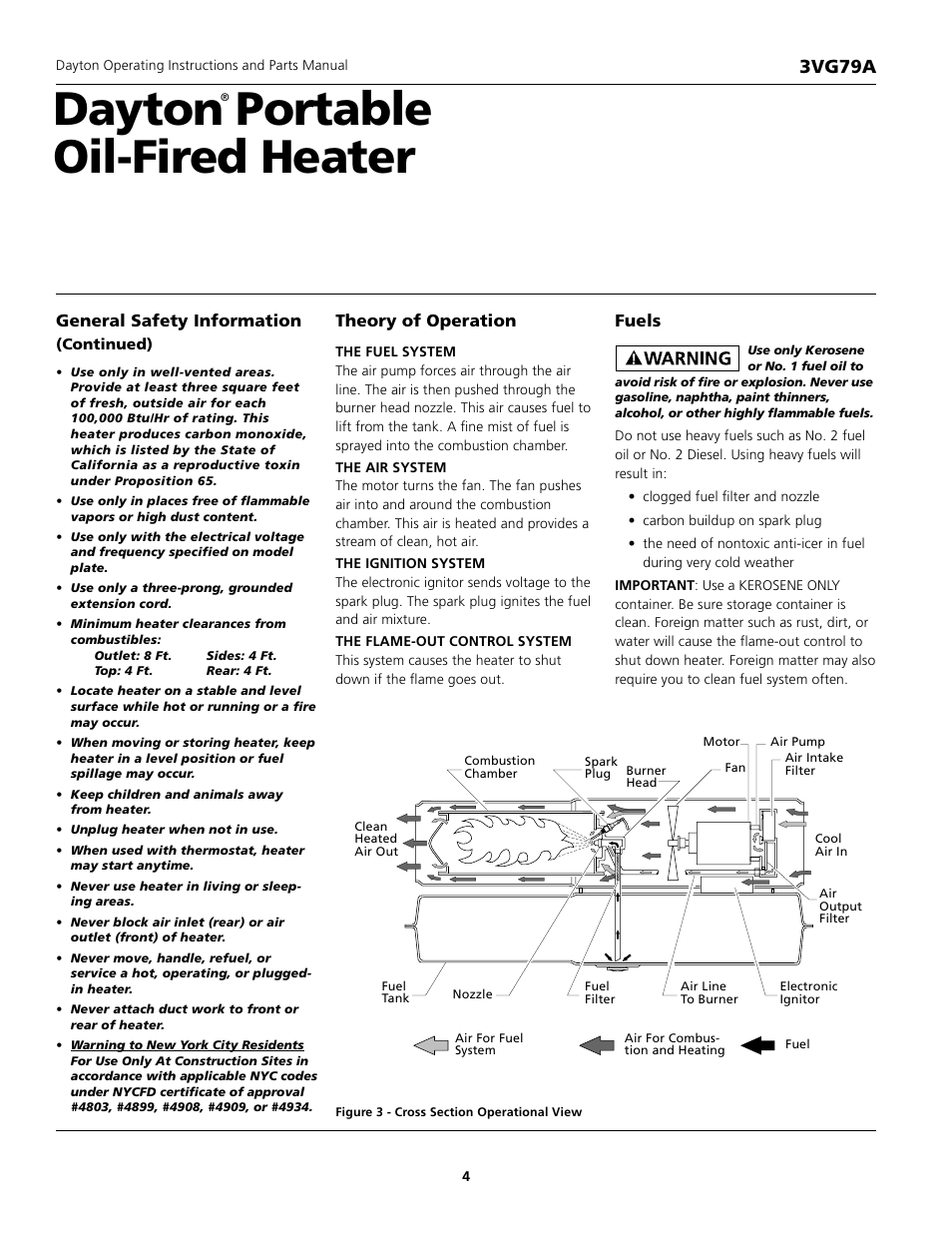 Dayton portable oil-fired heater, 3vg79a, General safety information | Theory of operation fuels | Dayton 3VG79A User Manual | Page 4 / 16