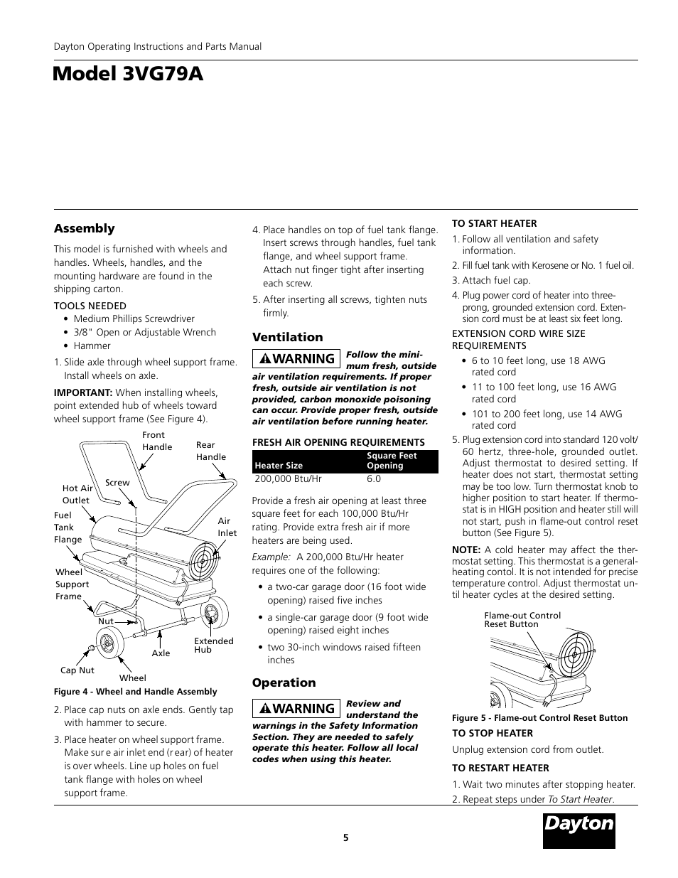 Model 3vg79a, Assembly, Ventilation | Operation | Dayton 3VG79A User Manual | Page 5 / 16