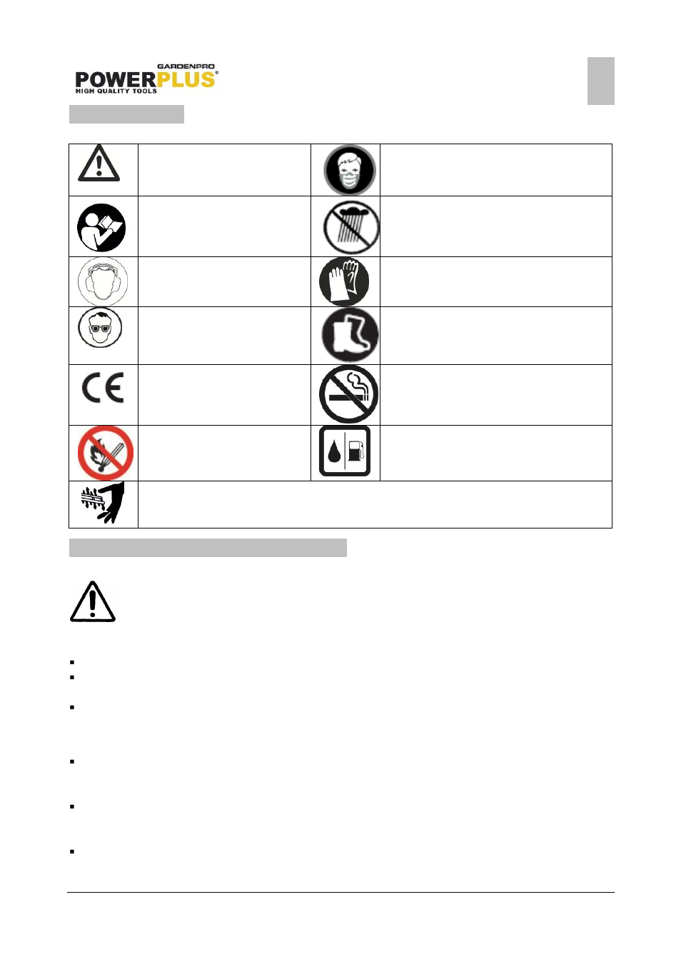Symbols, General safety warnings, Work area | Personal safety | Powerplus POWXG2015 HEDGE TRIMMER 25,4CC 600MM EN User Manual | Page 4 / 16