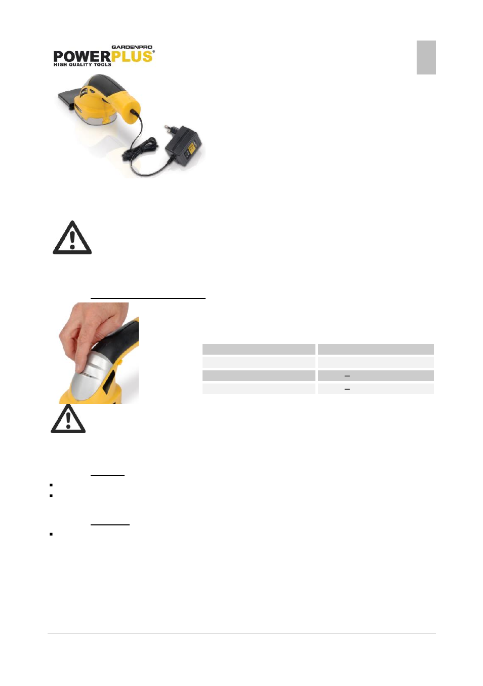 Battery power status display, Switching on/off, Starting | Stopping | Powerplus POWXG2032 GRASS/HEDGE SHEAR 7.2V LI-ION EN User Manual | Page 7 / 12