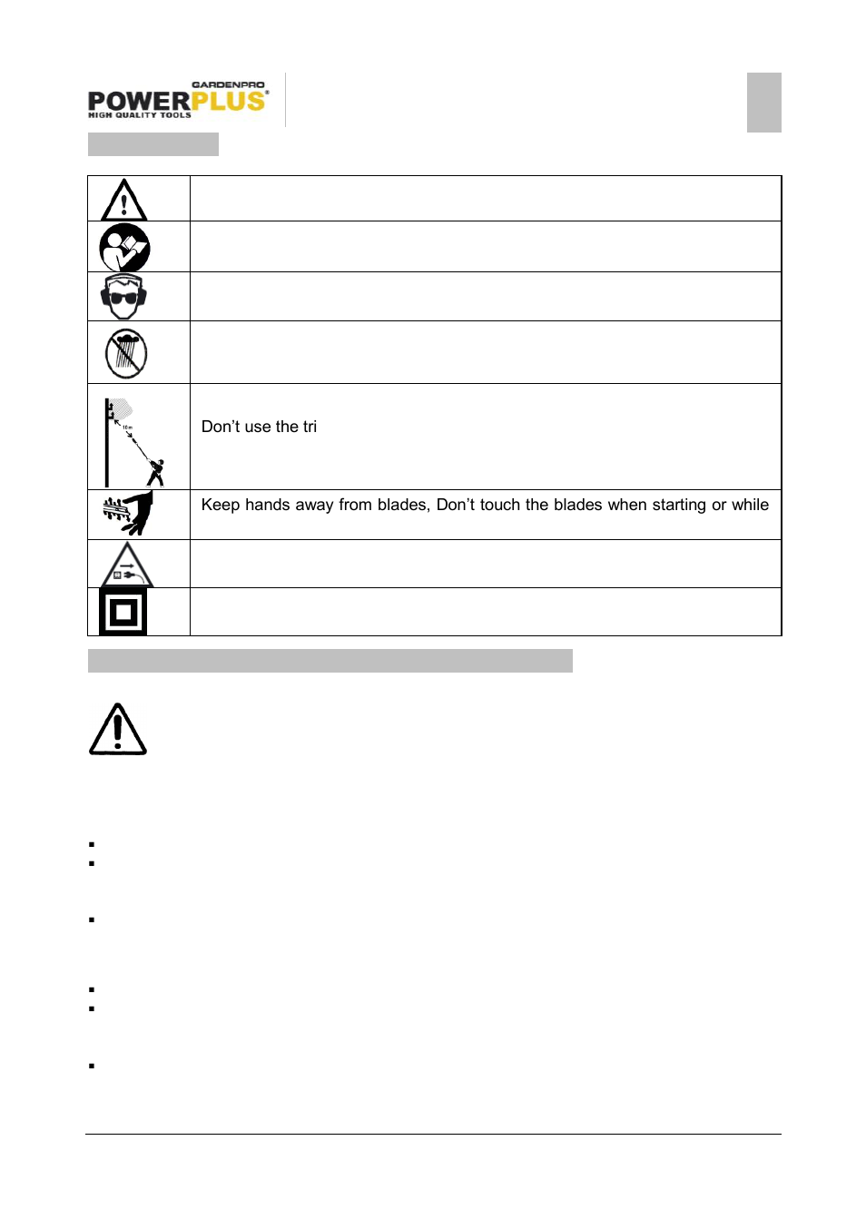 Symbols, General power tool safety warnings, Work area | Electrical safety | Powerplus POWXG2040 TELESCOPIC HEDGE TRIMMER 800W 480MM EN User Manual | Page 3 / 9