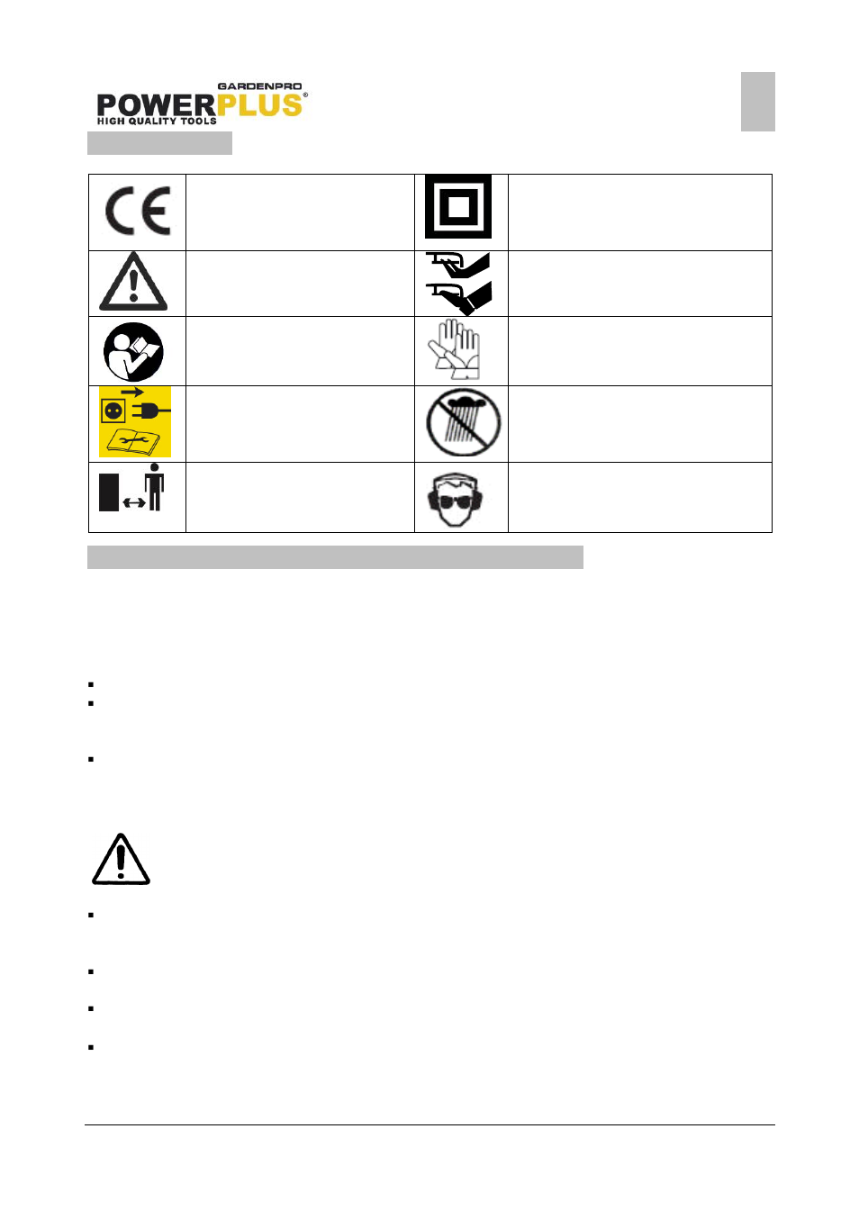 Symbols, General power tool safety warnings, Working area | Electrical safety | Powerplus POWXG3005 GRASS TRIMMER 550W 330MM EN User Manual | Page 3 / 10