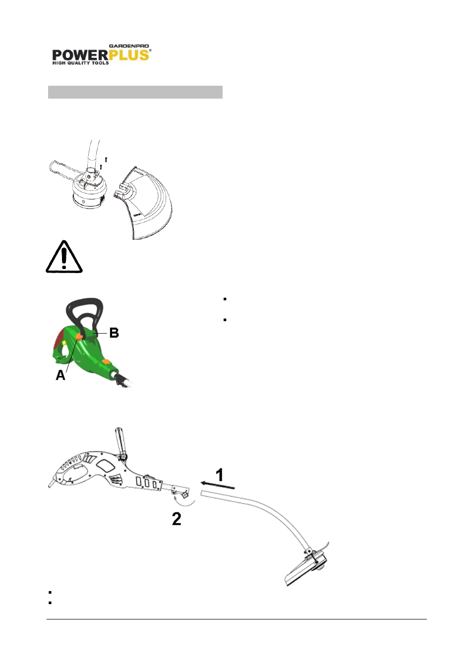 Assembly instructions, Safety guard assembly, Auxiliary handle assembly | Tube assembly, Support of the trimmer body | Powerplus POWXG3006 GRASS TRIMMER 800W EN User Manual | Page 6 / 13