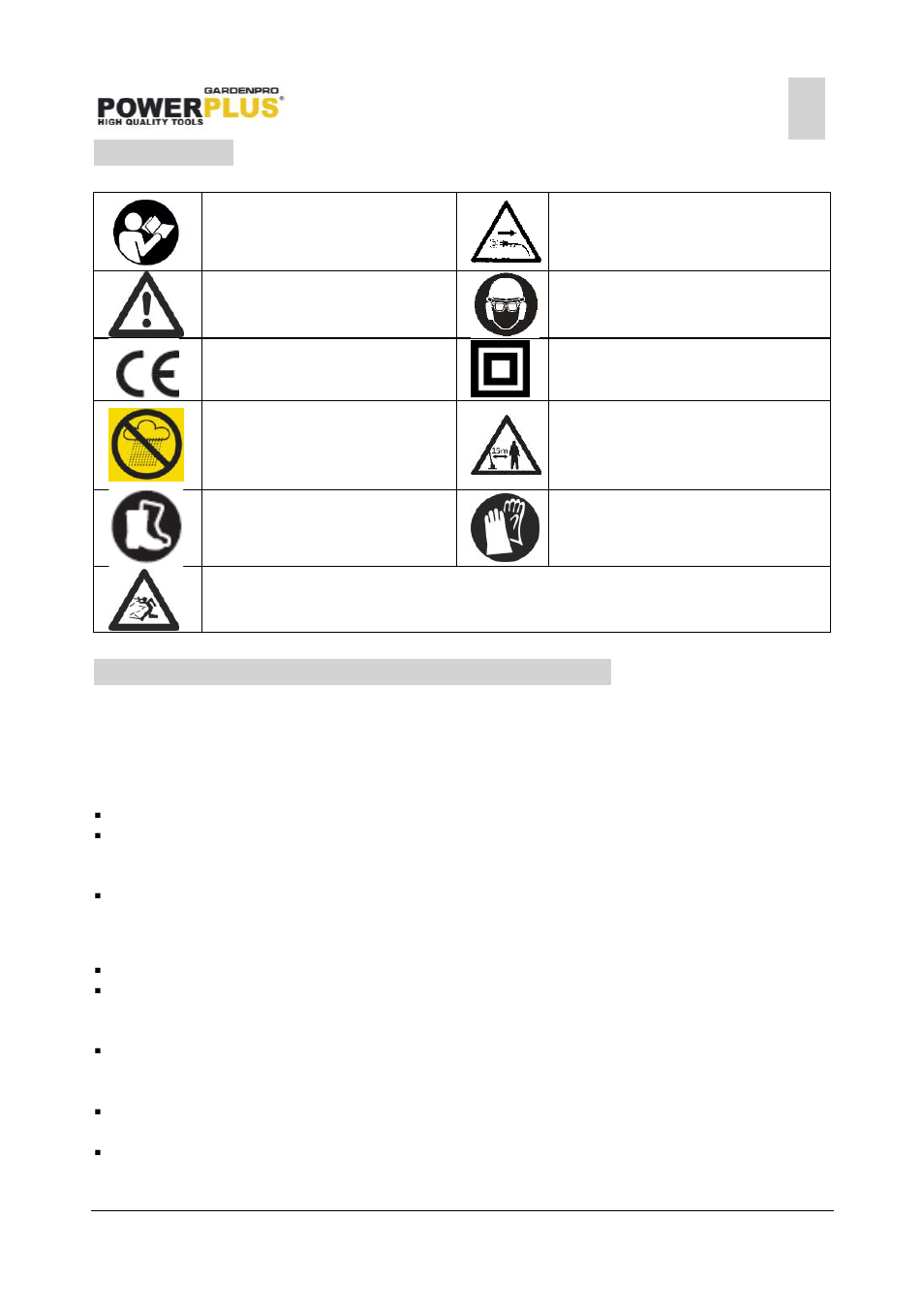 Symbols, General power tool safety warnings, Work area | Electrical safety | Powerplus POWXG6107T LAWNMOWER 1600W 420MM +GRASS TRIMMER EN User Manual | Page 3 / 10