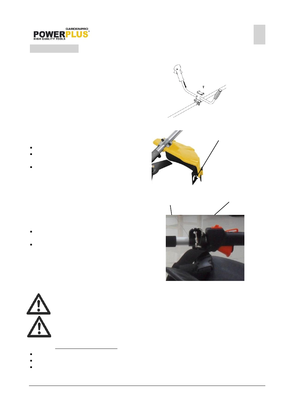 Assembly, Bike handle installation, Installation protection guard | Installing the harness, Replace the metal blade to spool, Disassembly metal blade | Powerplus POWXG3016 BRUSH CUTTER 42,7CC EN User Manual | Page 7 / 15