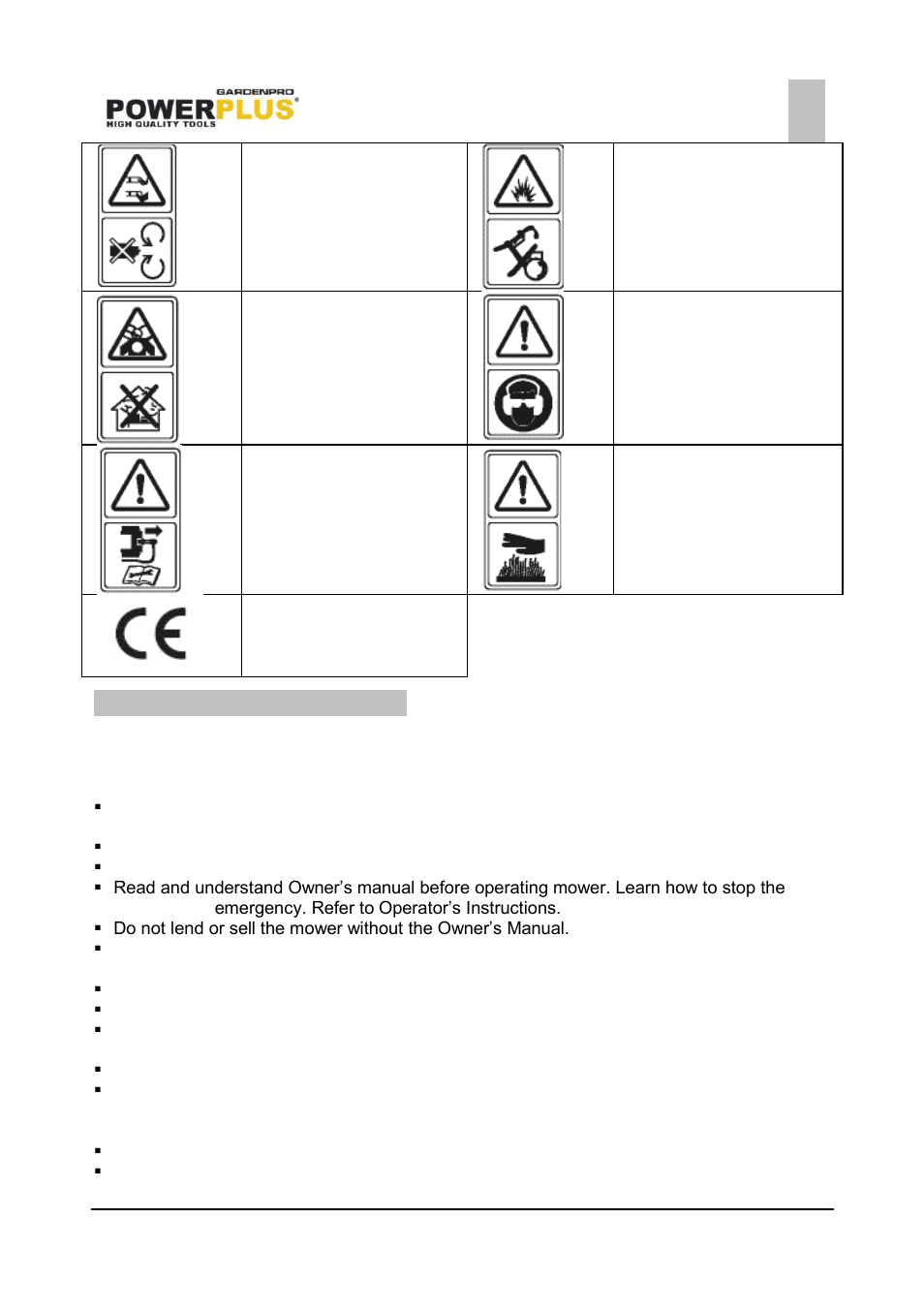 General safety rules | Powerplus POWXG6010 LAWNMOWER 173CC 560MM EN User Manual | Page 4 / 17