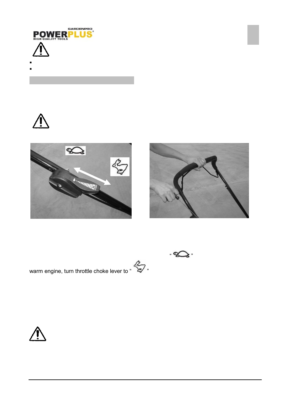 Operating instructions, Before starting, To start engine and engage blade | Operation procedures | Powerplus POWXG6010 LAWNMOWER 173CC 560MM EN User Manual | Page 9 / 17