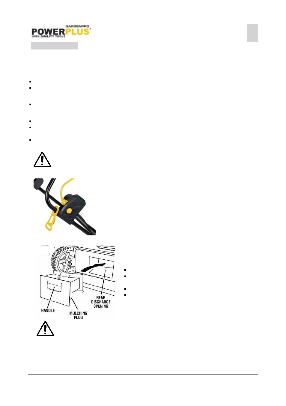 Assembly, Grass collection box, Lower handle | Upper handle, Extensioncable / cable restraint, Mulching plug | Powerplus POWXG6107T LAWNMOWER 1600W 420MM +GRASS TRIMMER EN User Manual | Page 8 / 13