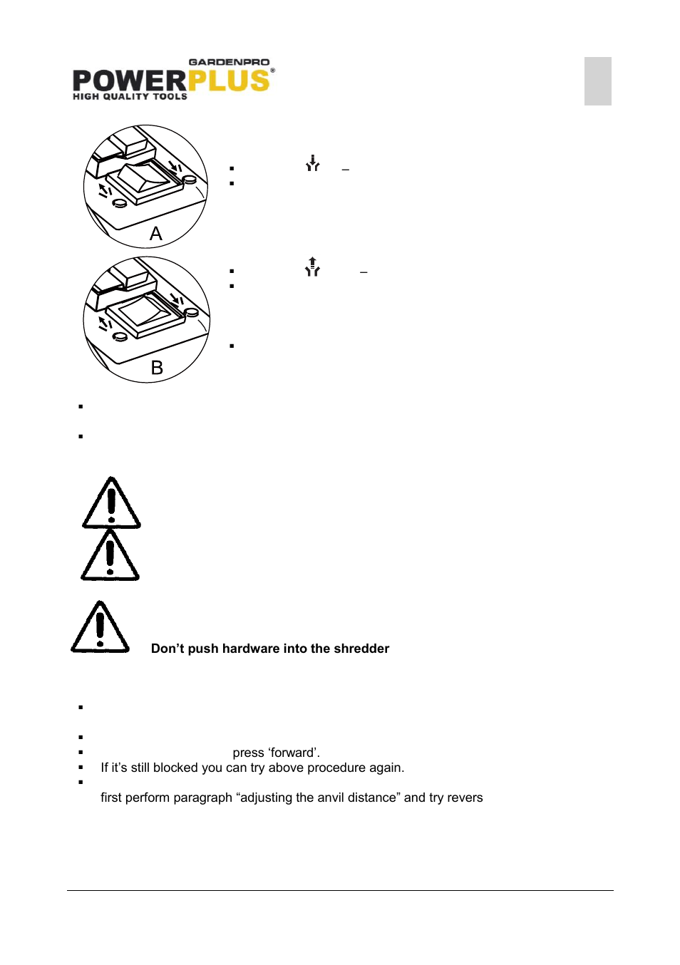 Changing direction of rotation, Overload protection | Powerplus POWXG6460 SHREDDER 2600W SIL ENT EN User Manual | Page 10 / 17