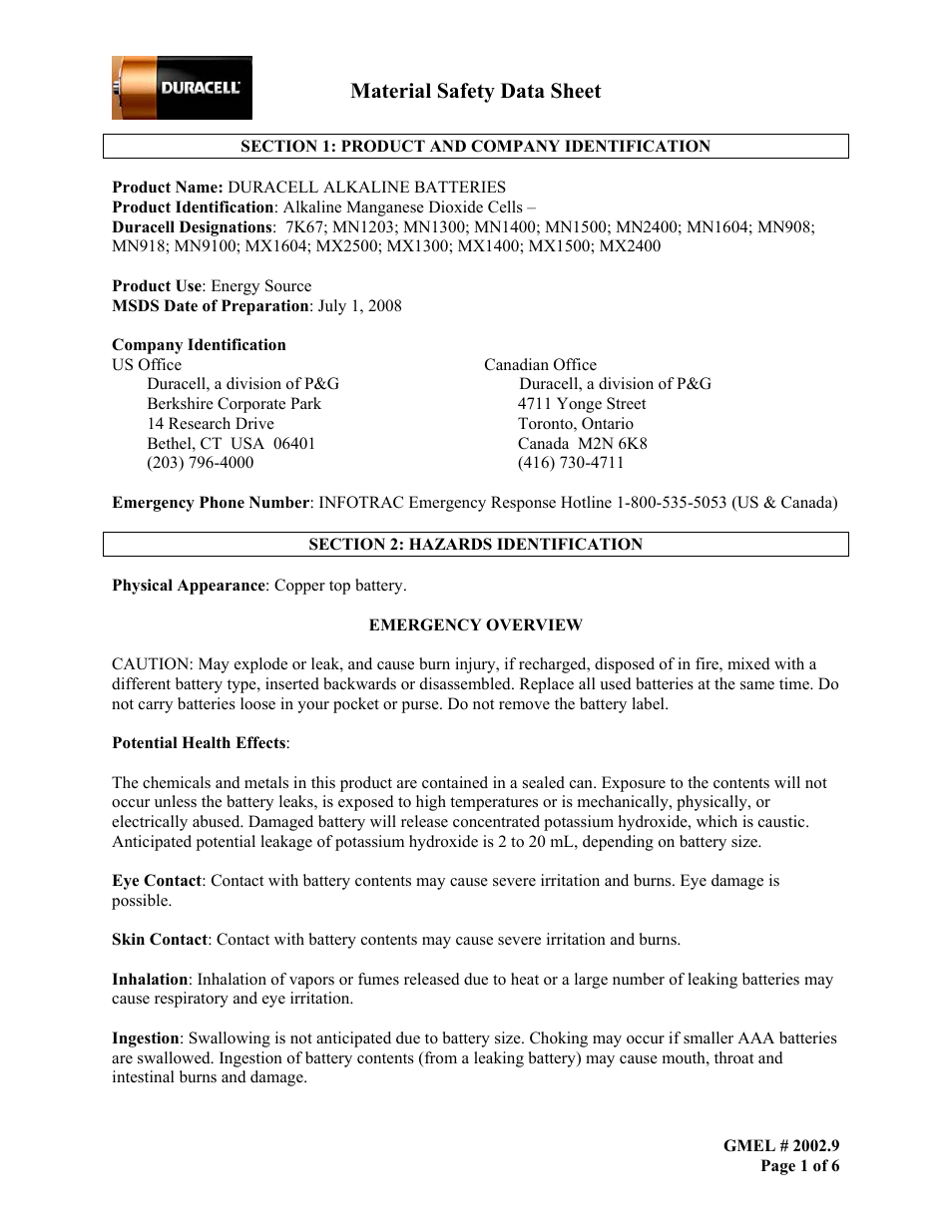 Duracell MN 1400 User Manual | 6 pages