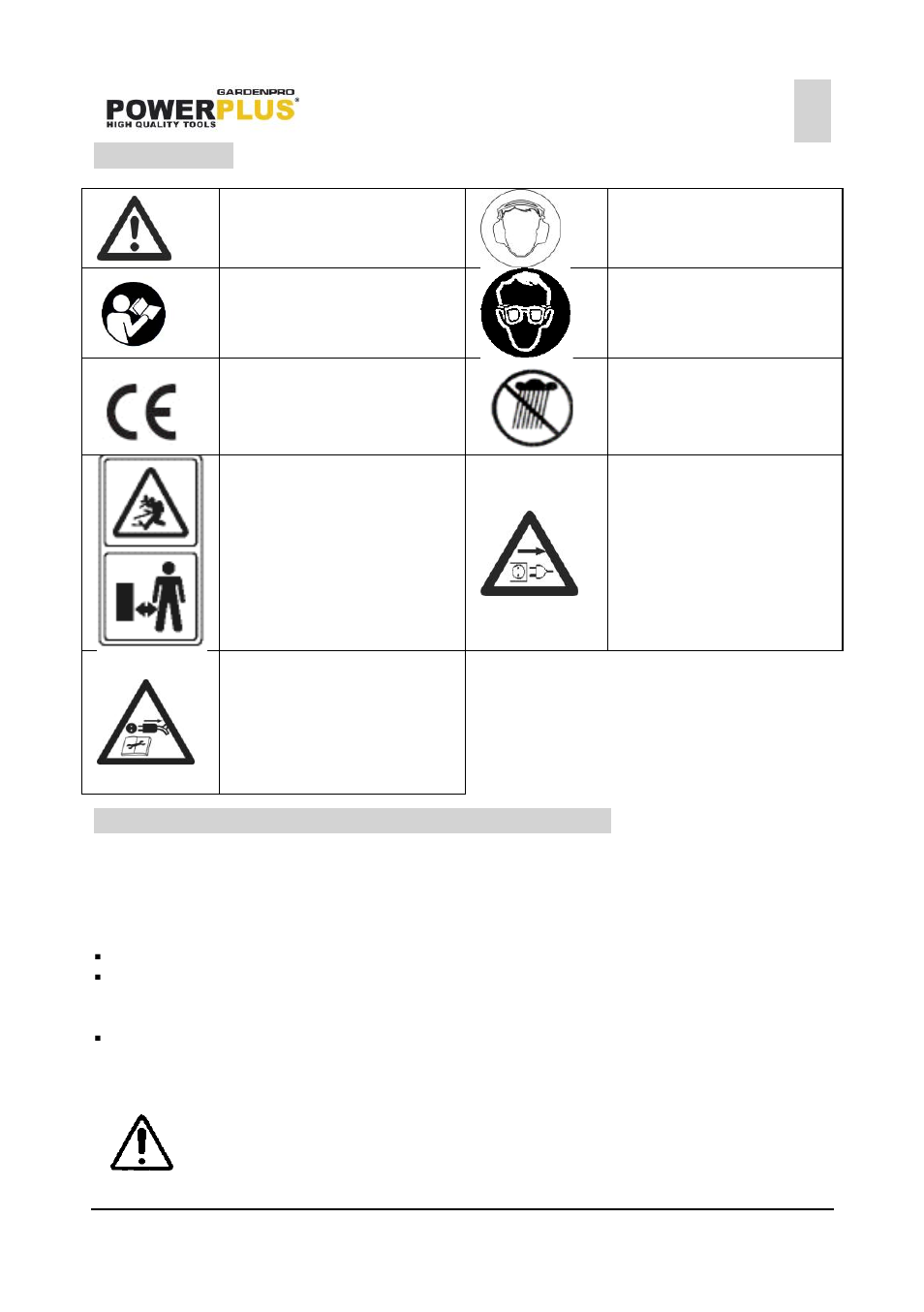 Symbols, General power tool safety warnings, Work area | Electrical safety | Powerplus POWXG7201 CULTIVATOR 1200W EN User Manual | Page 4 / 13