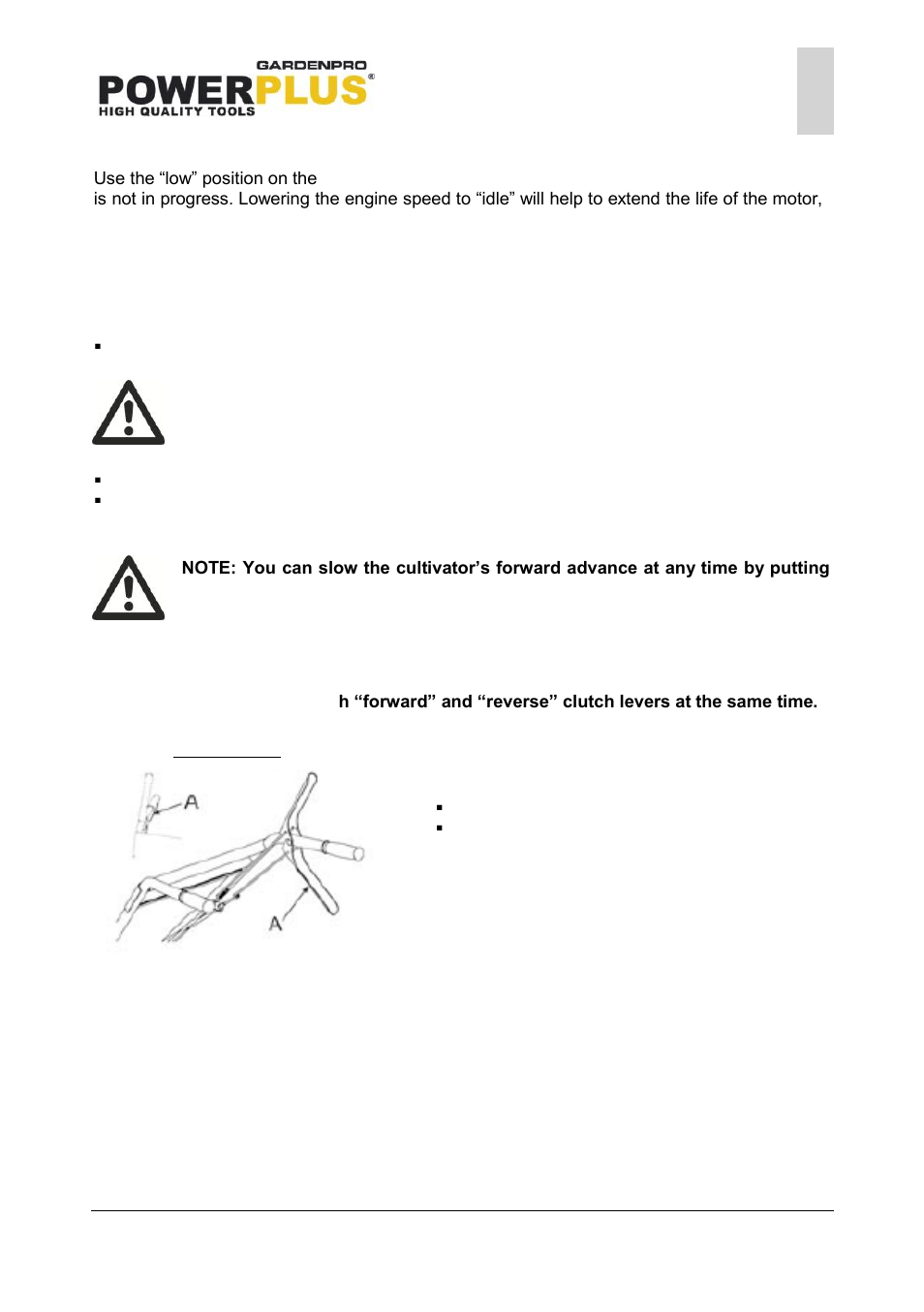 Idle speed, Shutting down, Tilling | Drive safety control levers, Forward lever | Powerplus POWXG7205 CULTIVATOR 196CC EN User Manual | Page 9 / 17