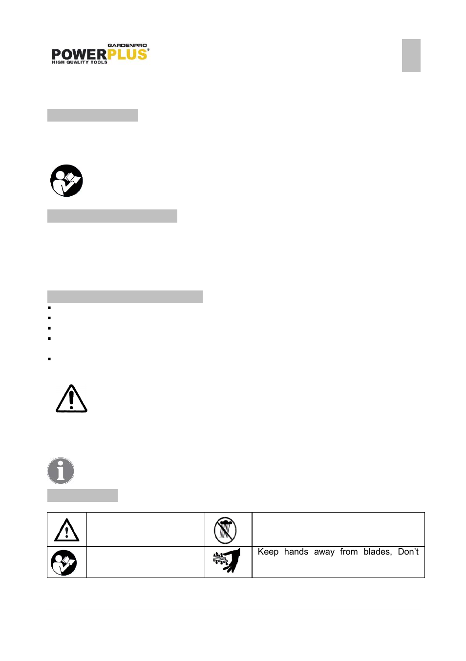 Application, Description (fig 1), Package content list | Symbols | Powerplus POWXG8020LI HEDGE TRIMMER 18V LI-ION ONE FITS ALL EN User Manual | Page 3 / 10