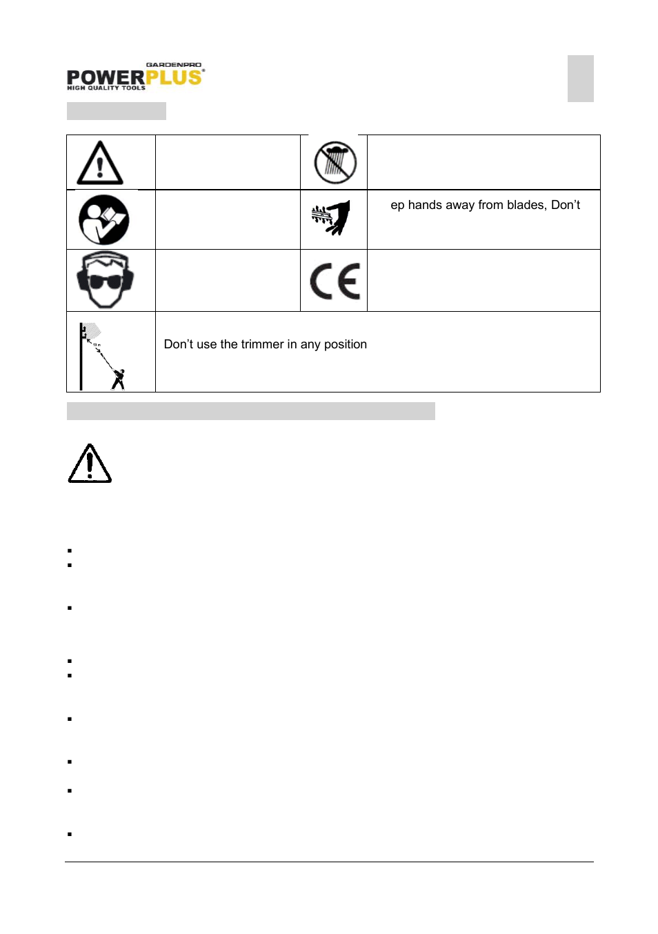 Symbols, General power tool safety warnings, Work area | Electrical safety | Powerplus POWXG8035LI TELESCOPIC HEDGE TRIMMER 18V LI-ION ONE FITS  EN User Manual | Page 3 / 10