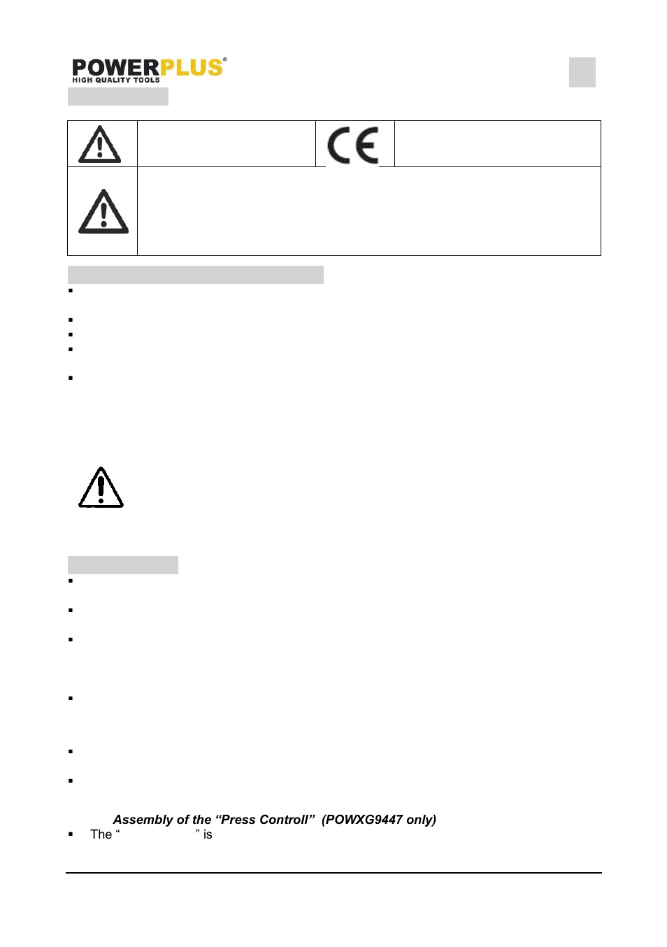 Symbols, Specific safety warnings, Assembly | Electrical connection, Assembly of the “press controll” (powxg9447 only) | Powerplus POWXG9447 GARD EN PUMP 1200W SS EN User Manual | Page 3 / 9