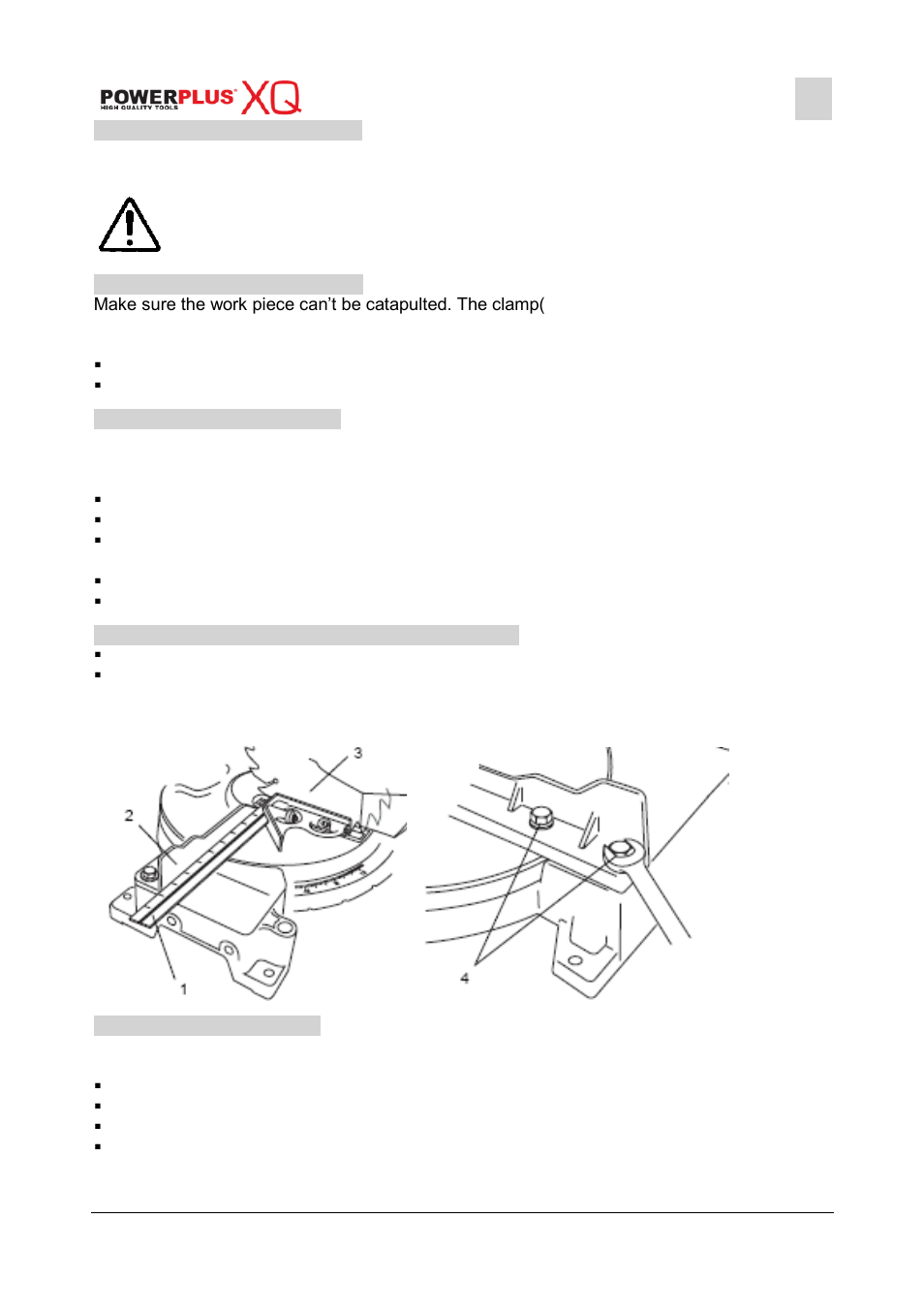 Dust and chip extraction, Clamping the work piece, Horizontal mitre angle | Adjustment of the saw blade and guide rail, Vertical bevel angle | Powerplus POWXQ5330 MITRE SAW 1500W 254MM EN User Manual | Page 8 / 14