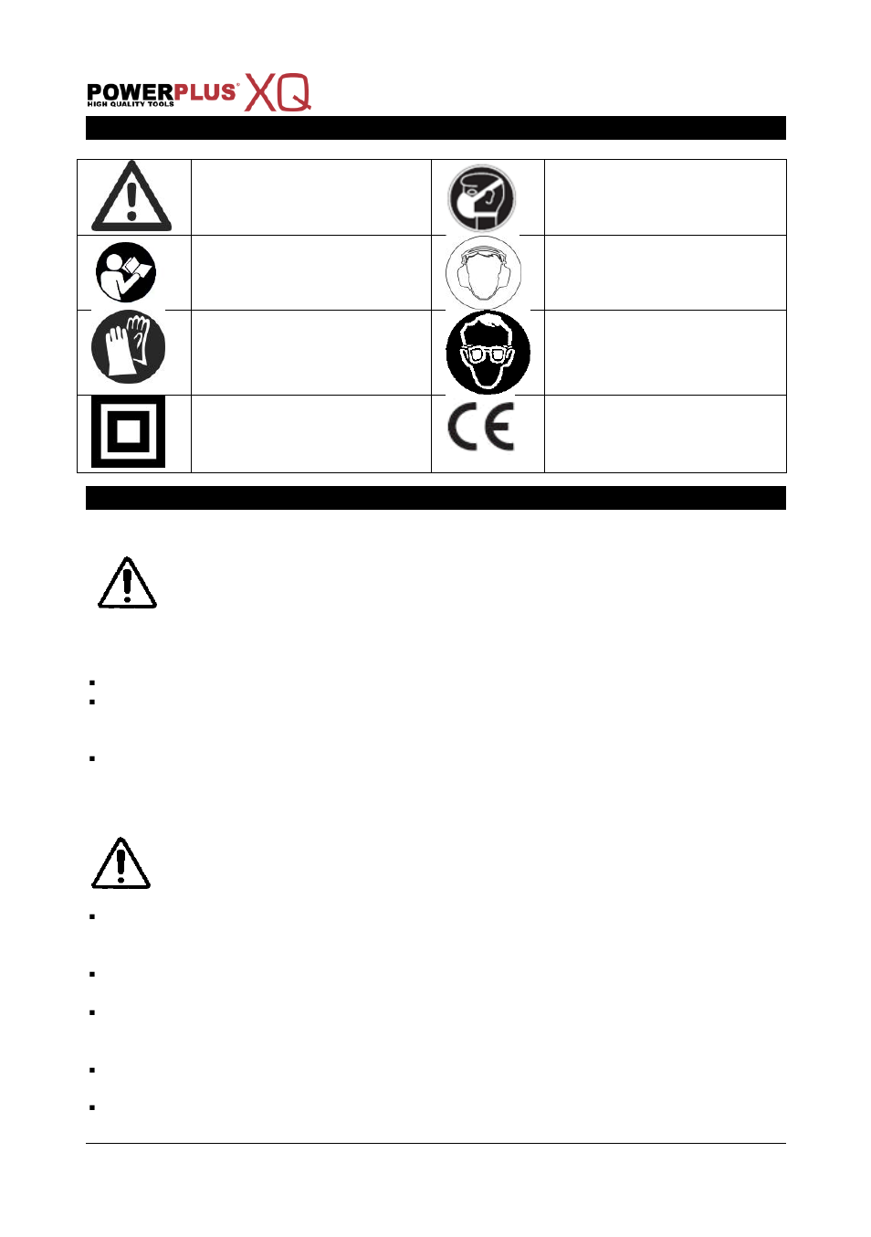 Symbols, General power tool safety warnings, Working area | Electrical safety, Powxq5335, 4 symbols, 5 general power tool safety warnings | Powerplus POWXQ5335 TELESC. MITRE SAW 1800W 254MM EN User Manual | Page 4 / 13