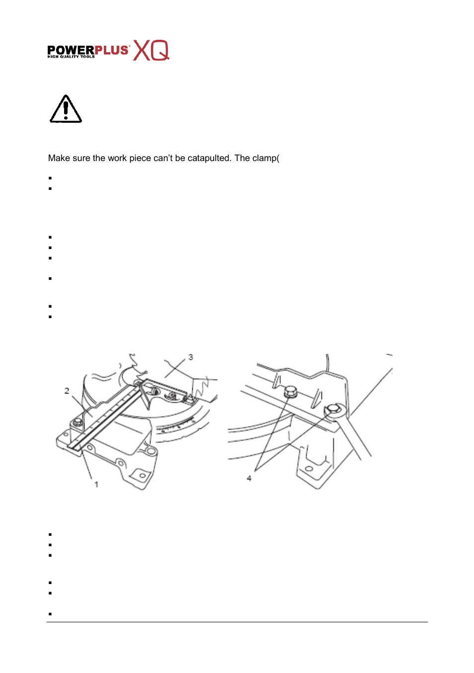 Dust and chip extraction, Clamping the work piece, Horizontal mitre angle | Adjustment of the saw blade and guide rail, Vertical bevel angle, Adjustment of the saw blade and the base | Powerplus POWXQ5335 TELESC. MITRE SAW 1800W 254MM EN User Manual | Page 8 / 13