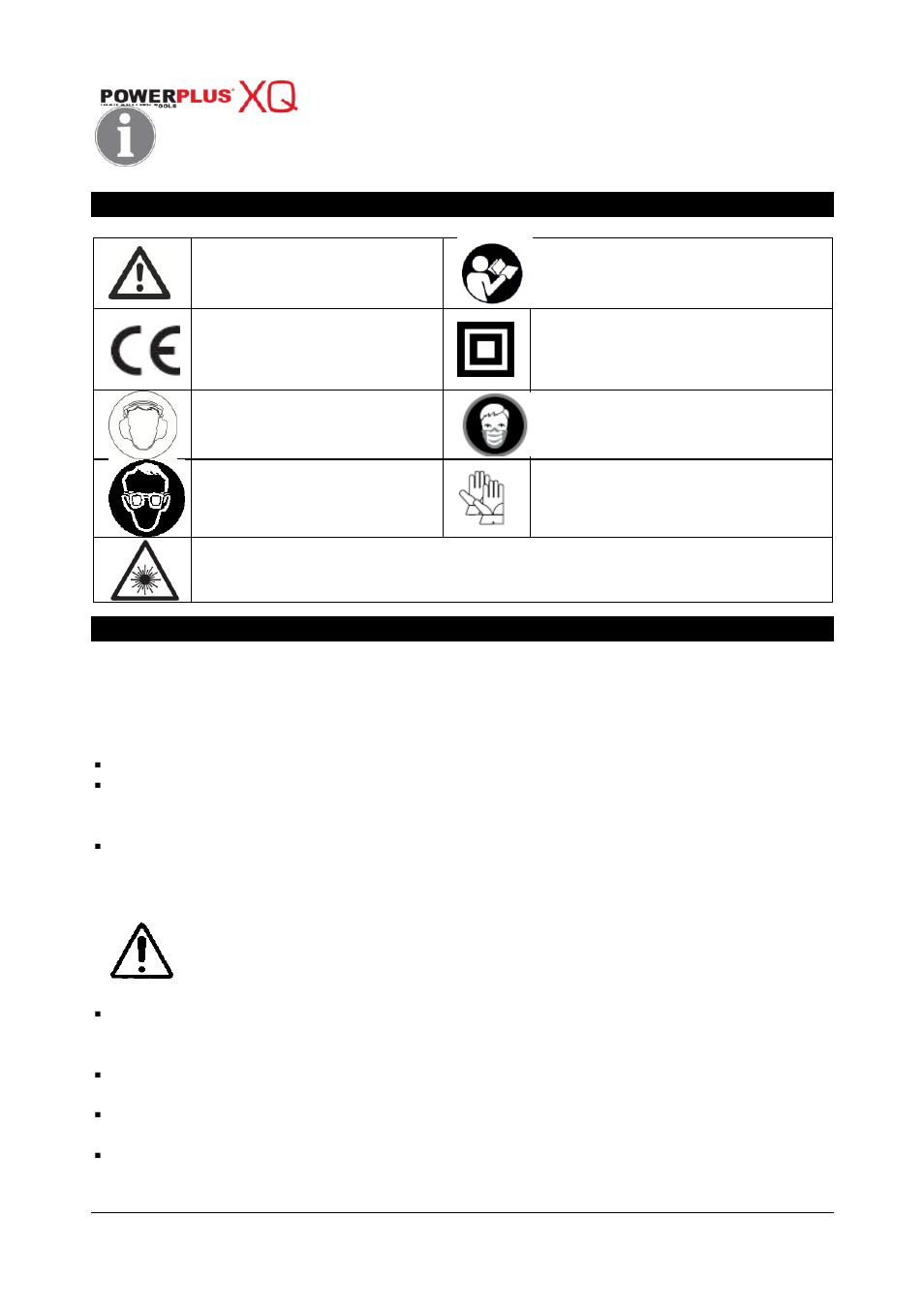 Symbols, General power tool safety warnings, Working area | Electrical safety | Powerplus POWXQ5350 MITRE SAW +UPPER TABLE 1800W 305MM EN User Manual | Page 5 / 22