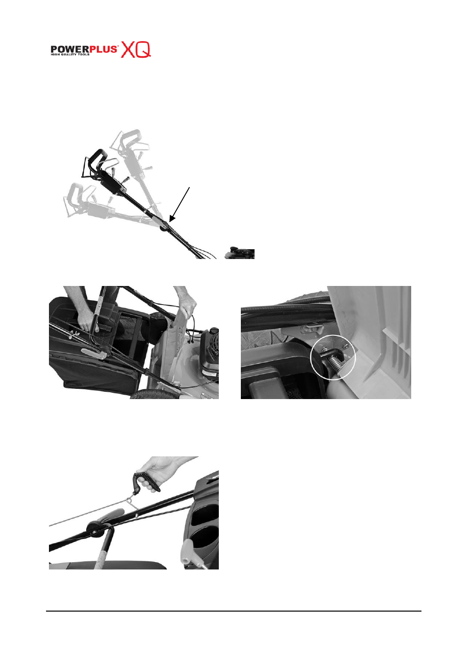 Adjustment for an appropriate angle (fig 2), Mounting and dismounting the grass catcher, Starter handle | Powerplus POWXQG7556 LAWNMOWER 190CC 560MM EN User Manual | Page 7 / 19