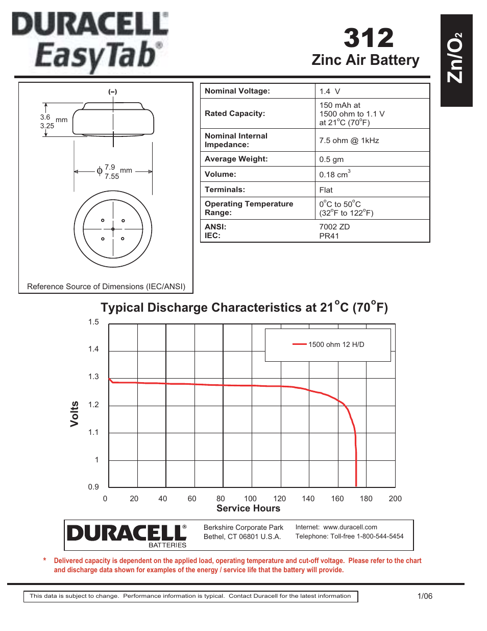 Duracell Zinc Air Battery 312 User Manual | 1 page