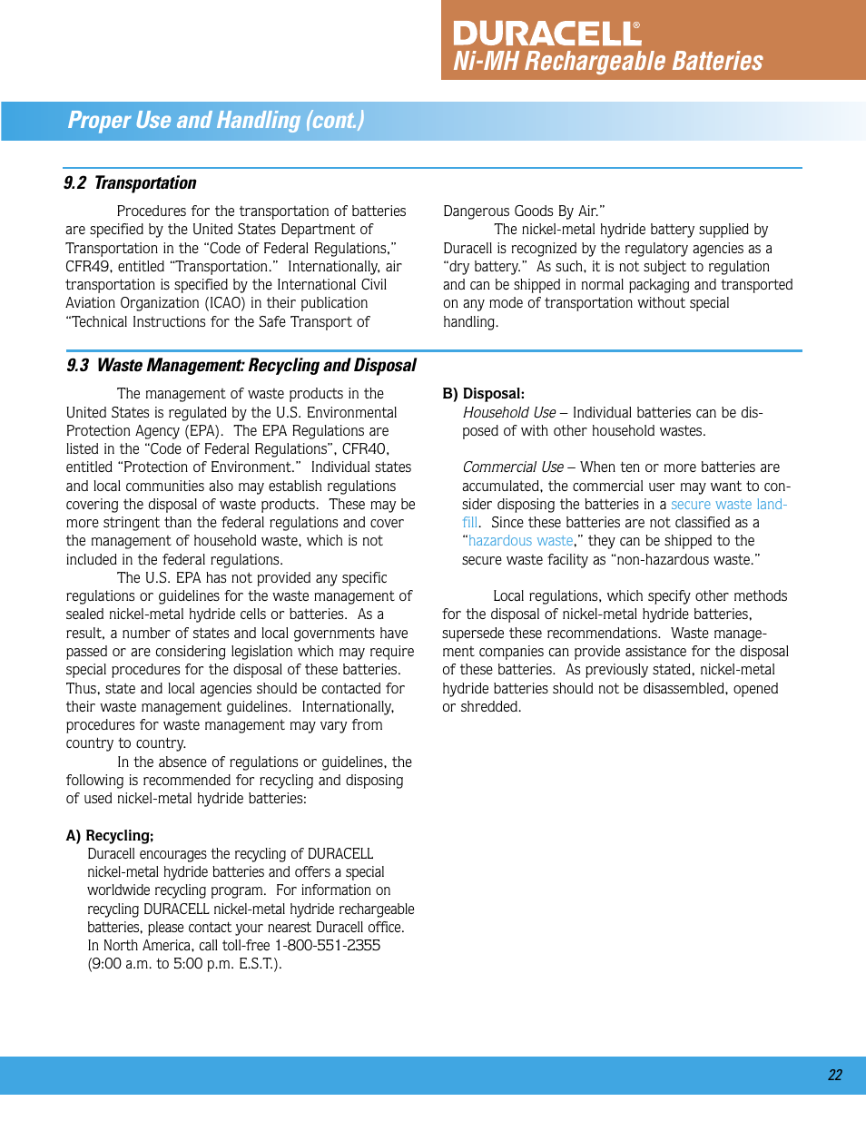 Ni-mh rechargeable batteries, Proper use and handling (cont.) | Duracell Ni-MH User Manual | Page 23 / 23