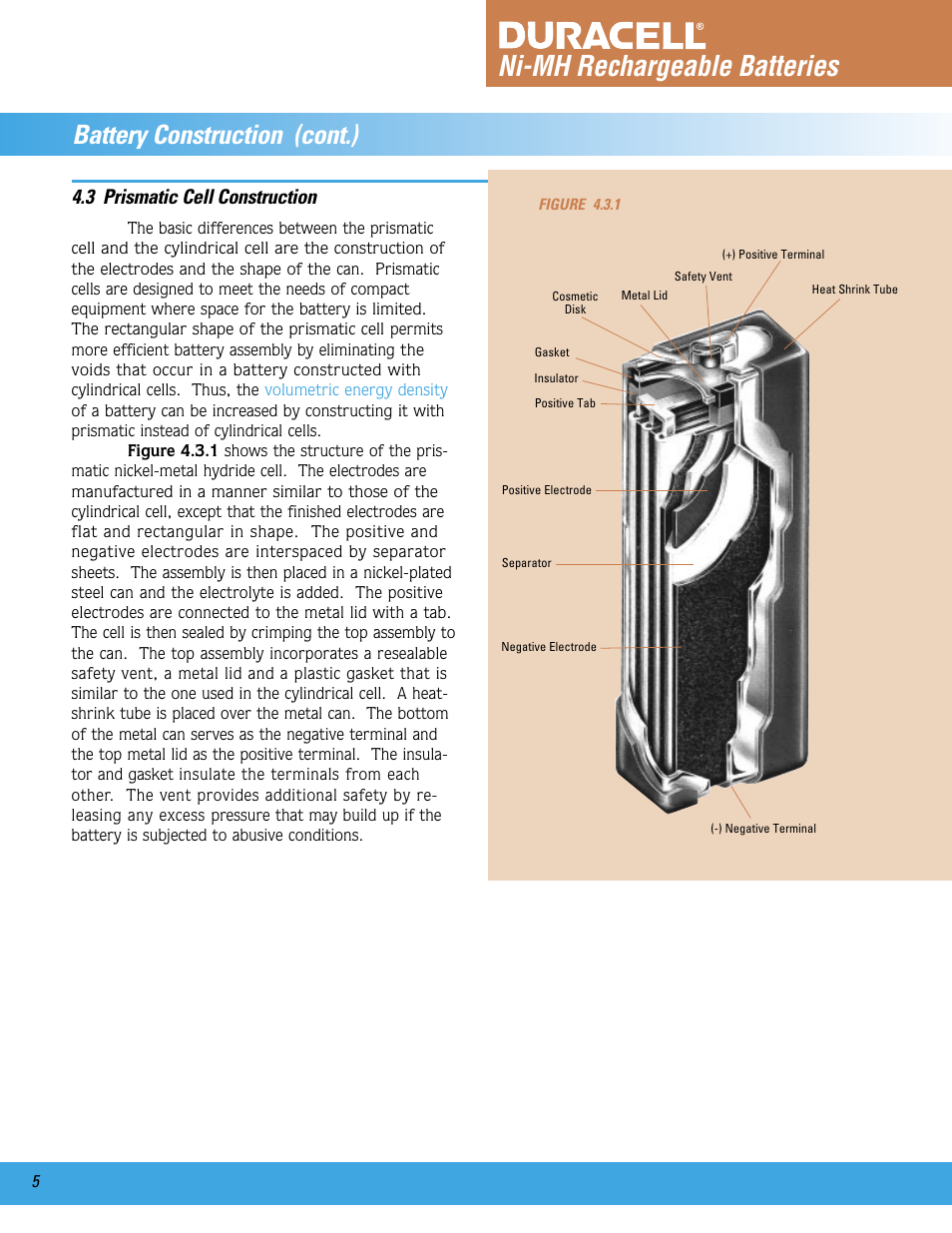 Ni-mh rechargeable batteries, Battery construction (cont.), 3 prismatic cell construction | Duracell Ni-MH User Manual | Page 6 / 23