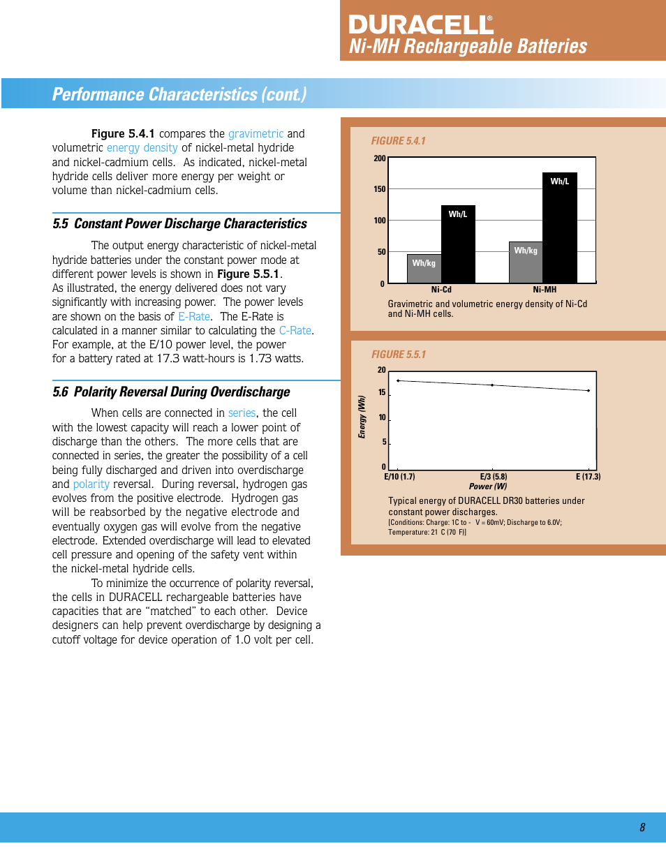 Ni-mh rechargeable batteries, Performance characteristics (cont.), 5 constant power discharge characteristics | 6 polarity reversal during overdischarge | Duracell Ni-MH User Manual | Page 9 / 23