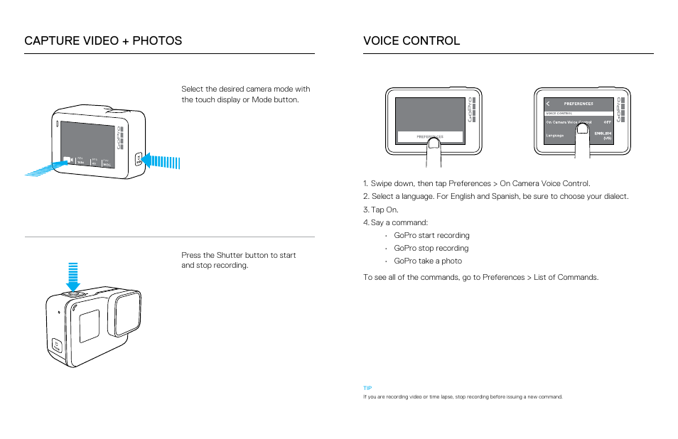 Capture video + photos voice control | GoPro Hero 5 Black User Manual | Page 3 / 5