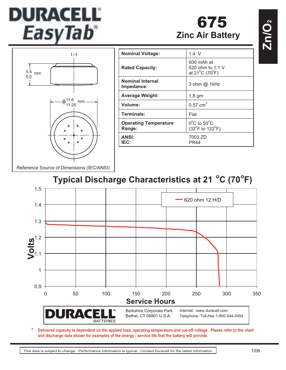 Duracell Zinc Air Battery 675 User Manual | 1 page