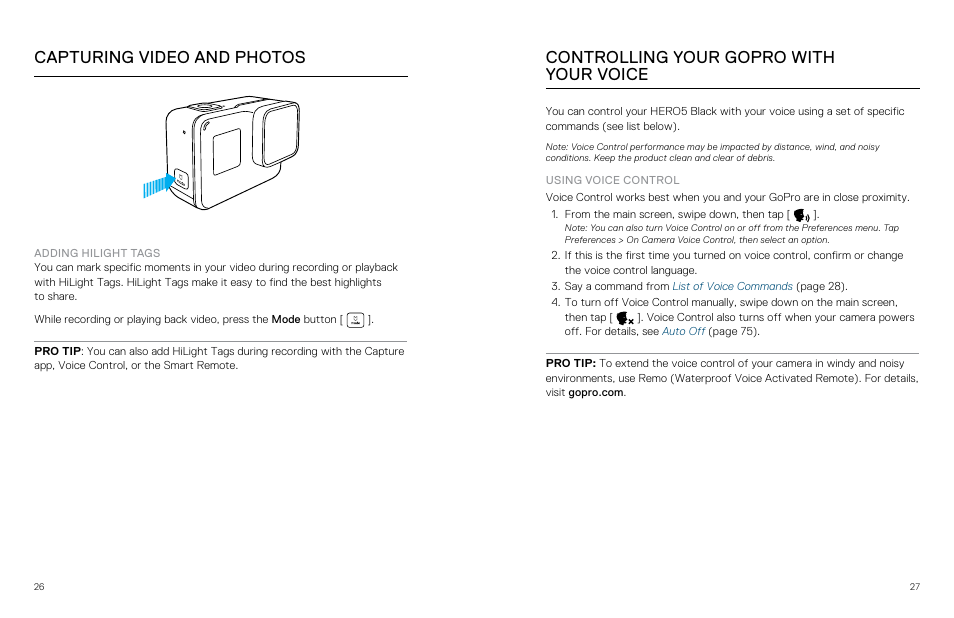 Controlling your gopro with your voice, Capturing video and photos | GoPro Hero 5 Black User Manual | Page 14 / 47