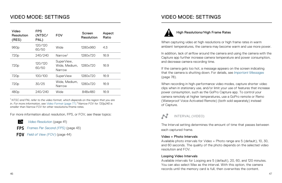 Interval (video), Video mode: settings | GoPro Hero 5 Black User Manual | Page 24 / 47