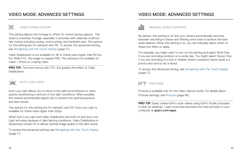 Video mode: advanced settings, Video stabilization, Auto low light | Manual audio control | GoPro Hero 5 Black User Manual | Page 25 / 47